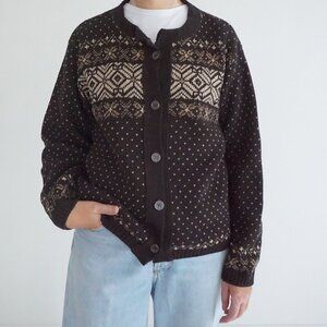 Vintage Binghamton Knitting Brown Fair Isle Pattern Knit Cardigan Sweater S